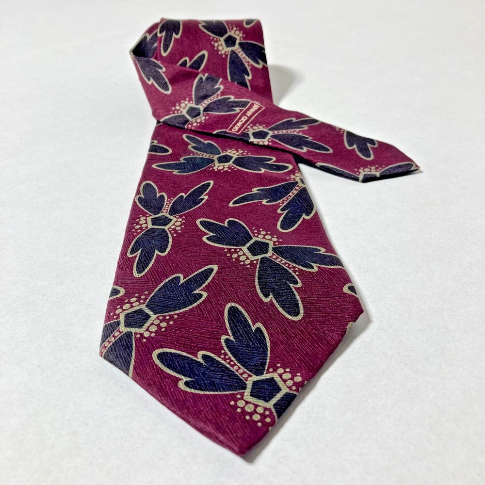 Giorgio Armani‎ Cravatte 100% Silk Tie Burgundy Black Floral Leaf  Made In Italy